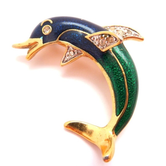 None Jewelry - Vintage Enamel and Gold Dolphin Brooch Pin - Women Jewelry Brooches